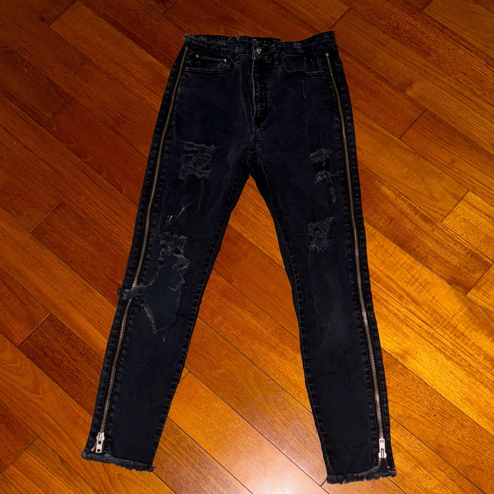 Black heavy Distressed Jeans with Side Zippers koople size 27 - Picture 2 of 8